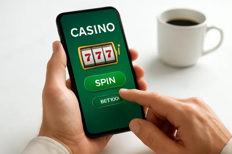 Man's hands tapping mobile casino interface on phone at marble desk