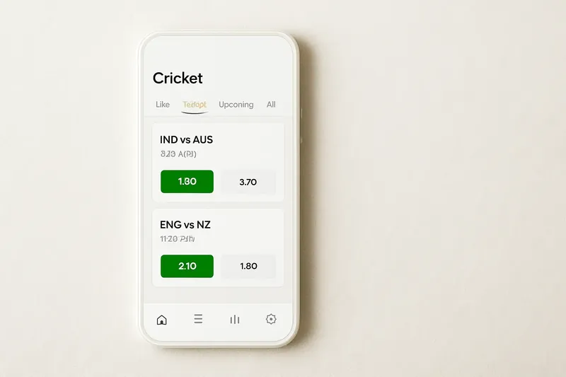 Phone screen showing modern cricket betting odds interface in white and gold