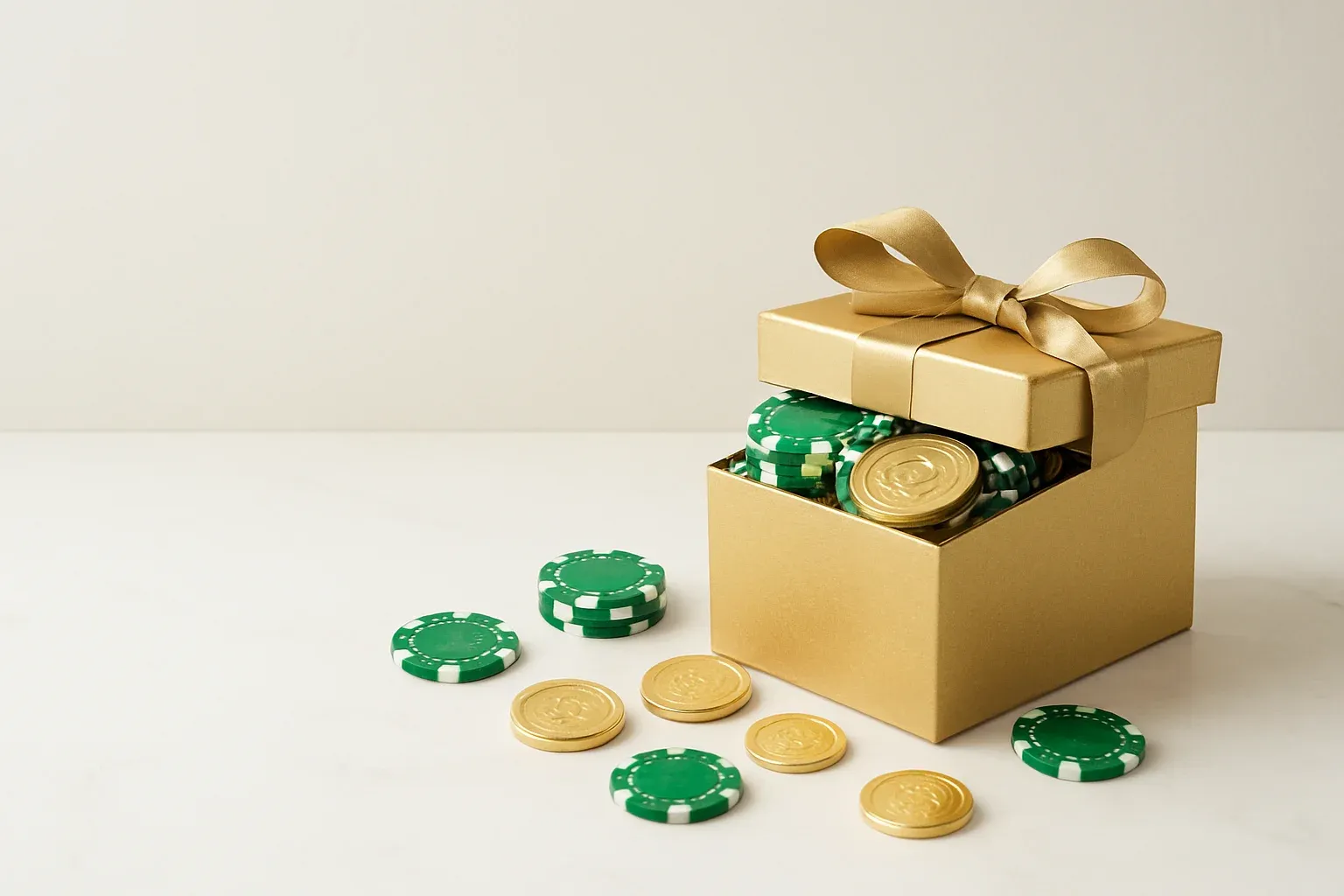 Golden gift box overflowing with poker chips and gold coins