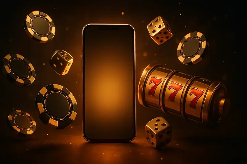 Panoramic banner with glowing smartphone, floating casino chips, slot reels, dice, gold accents, festive atmosphere
