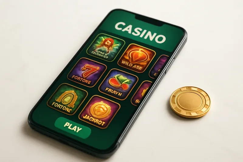 Smartphone on white marble showing colorful casino game lobby