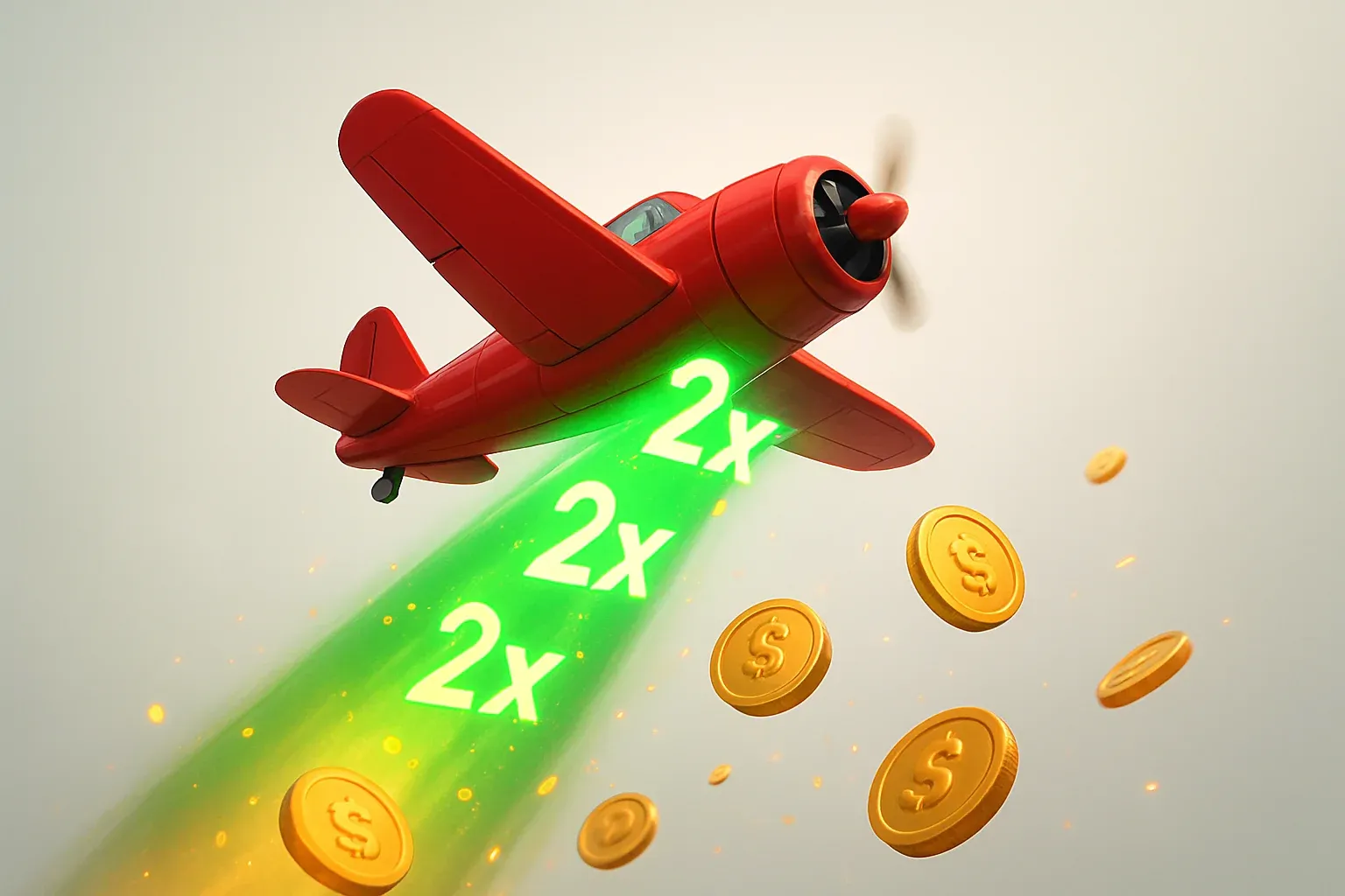 Red airplane climbing with glowing multiplier trail, coins, and sparks