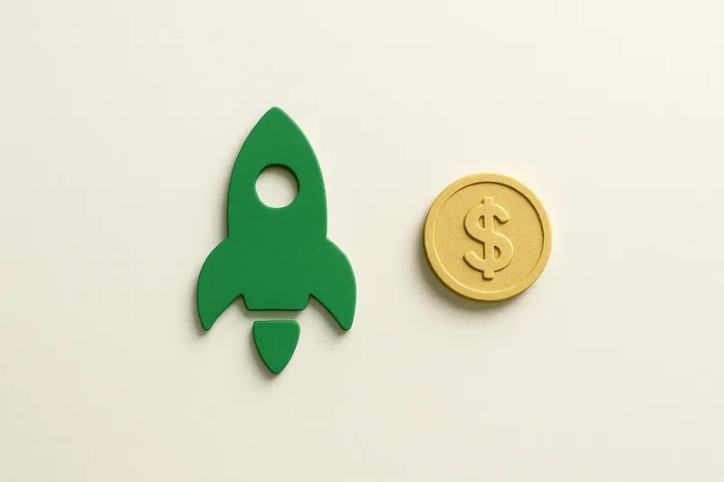 Minimalist rocket icon with gold coin on white background