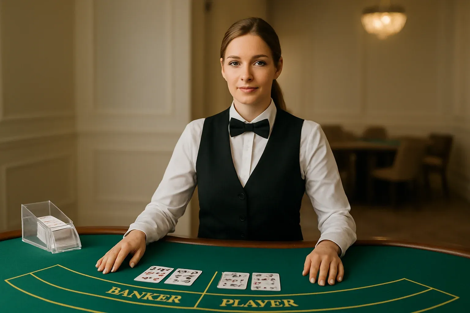 Professional female dealer at elegant live baccarat table in casino