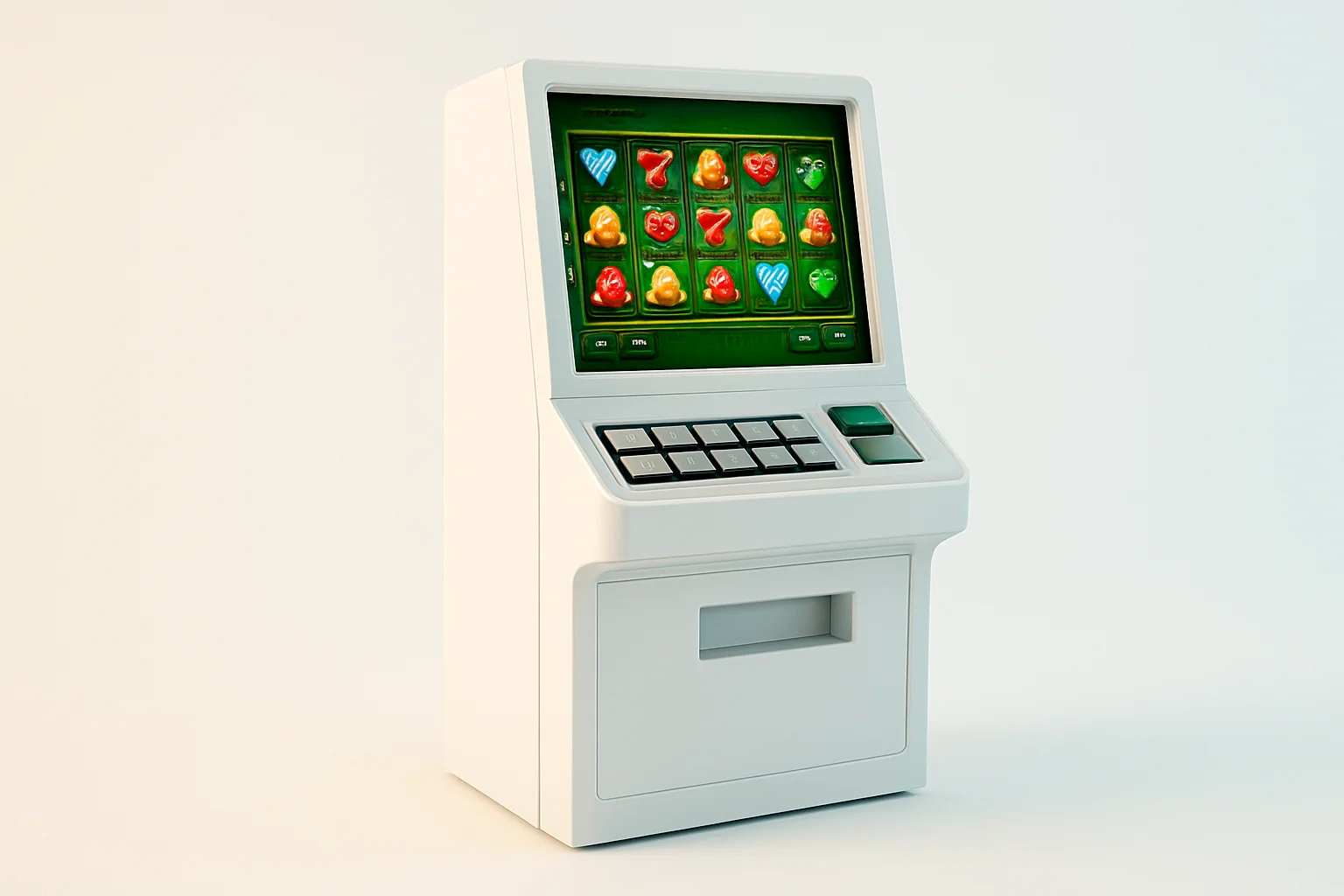 Studio Slot Machine White studio shot of angled slot machine with vibrant game screen
